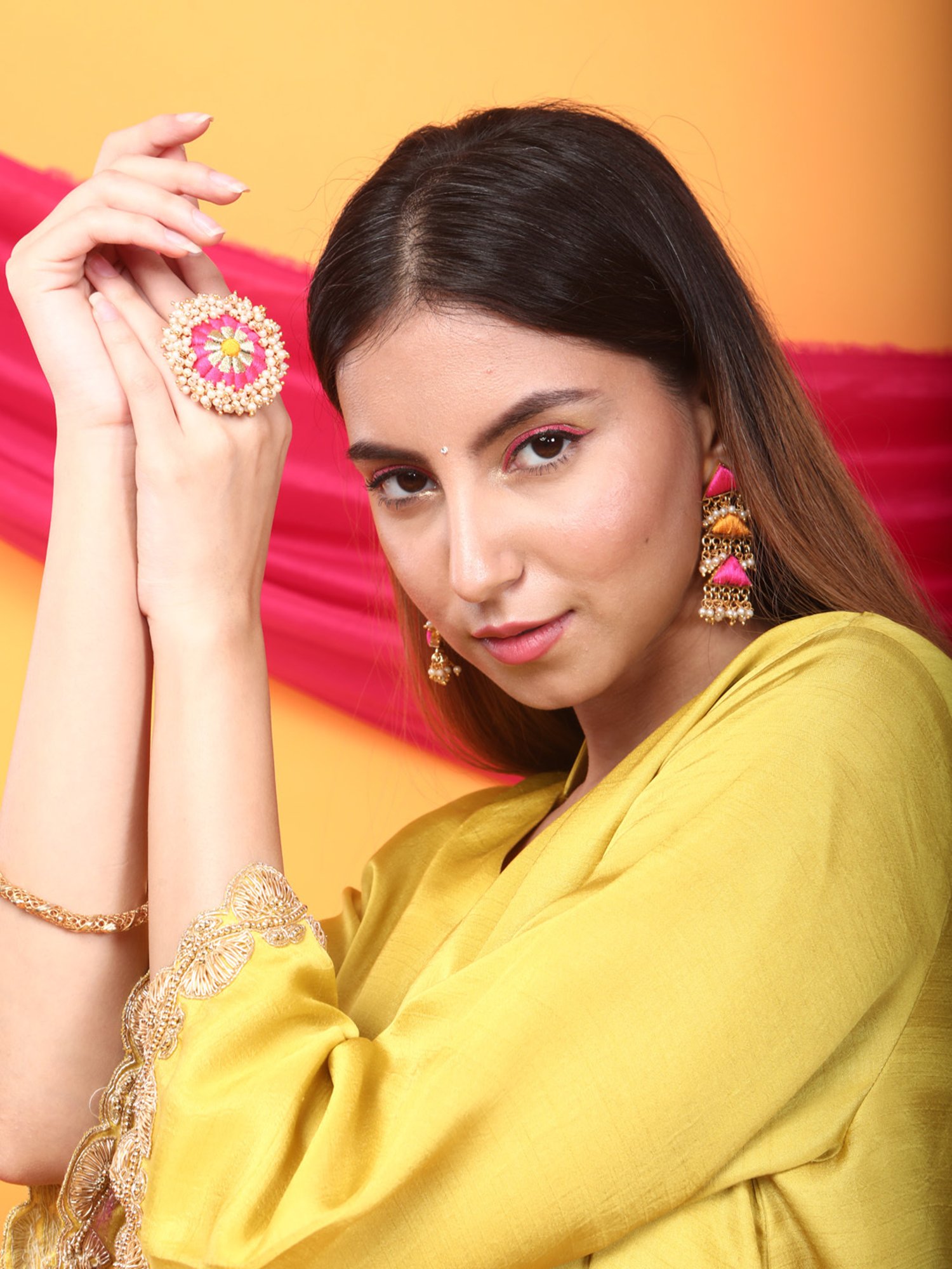 Monk & Mei Nusrat Assymetrical Kurta and Pant Co-ord Set-Canary Yellow and gold