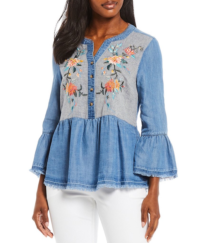 John Mark Floral Embroidery Ruffle Hem Top