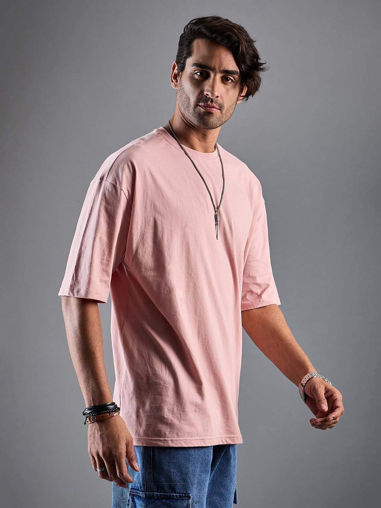CHIMPAAANZEE Light Pink Loose Fit Oversized Crew T-Shirt