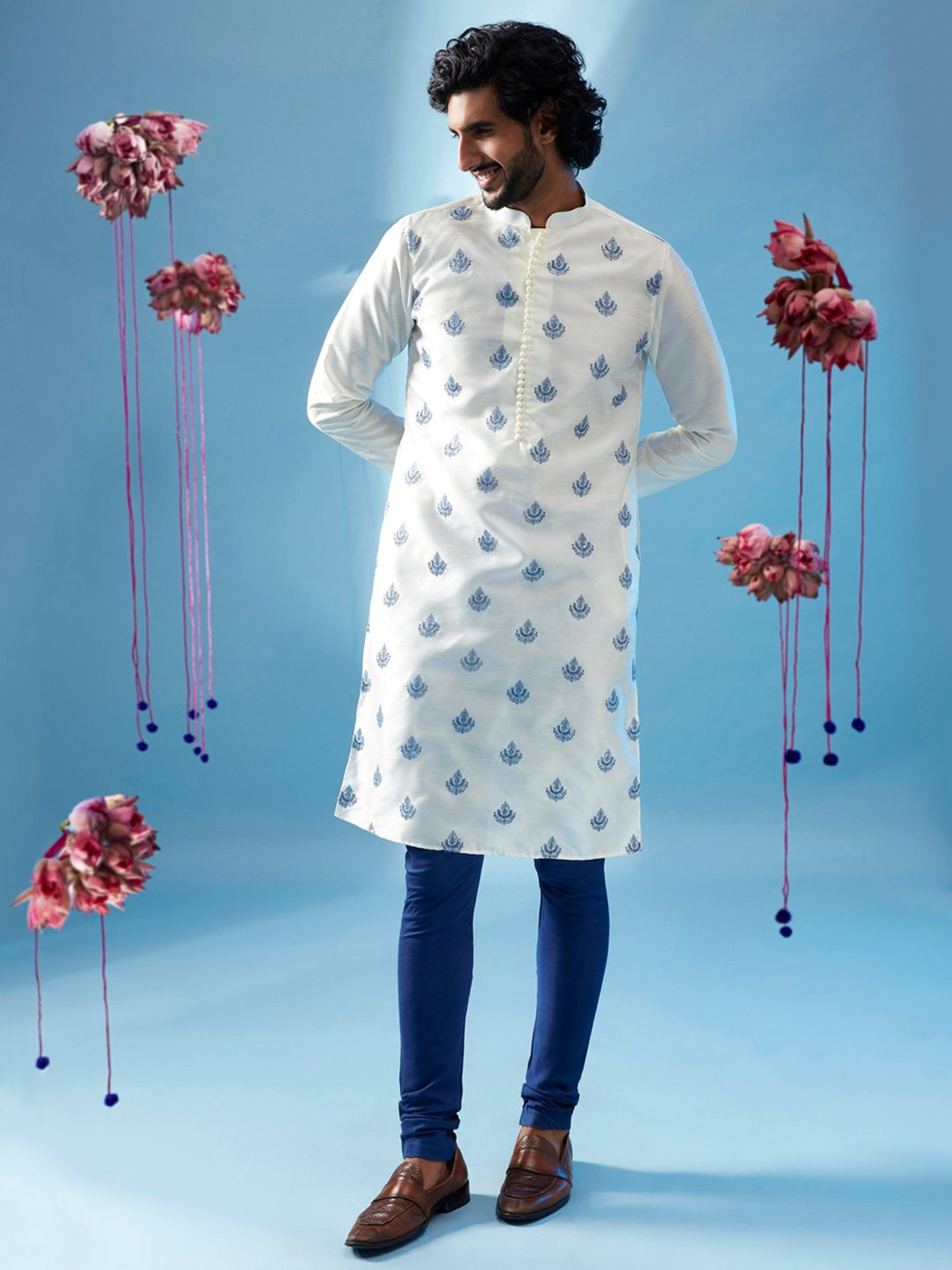 KISAH White & Blue Regular Fit Embroidered Kurta & Churidar Set