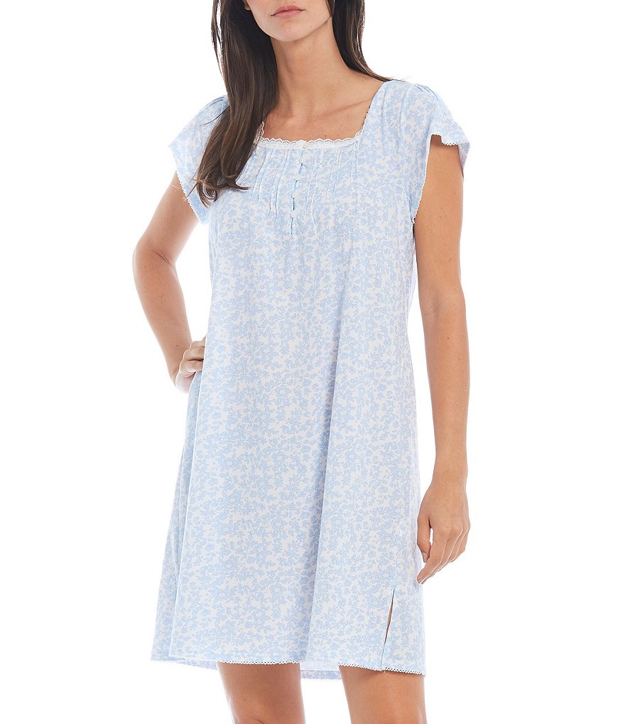Miss Elaine Silky Knit Short Sleeve Square Neck Floral Print Short Nightgown