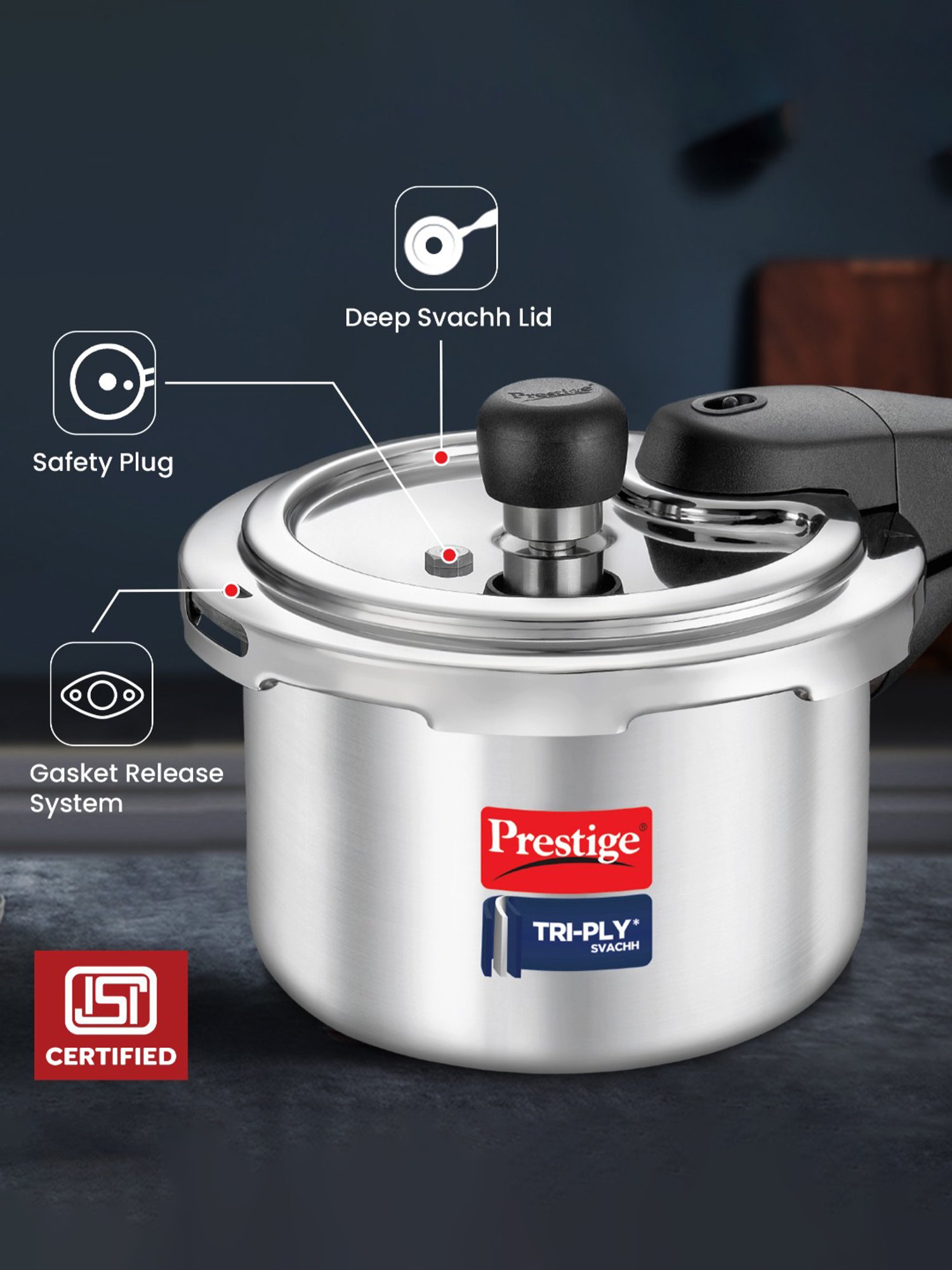 Prestige Svachh Triply Silver Stainless Steel Pressure Cooker (1.5L)