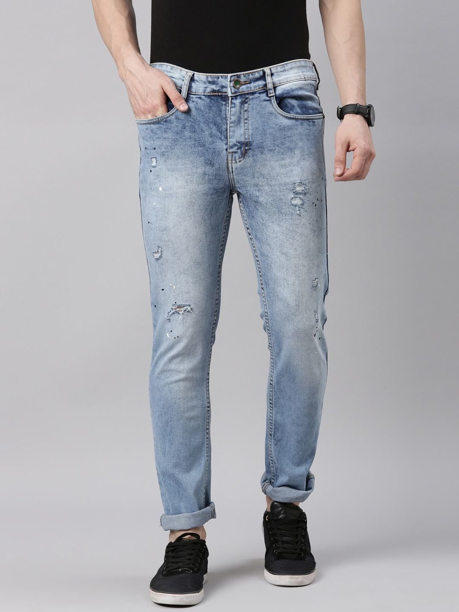 CINOCCI Sky Blue Cotton Slim Fit Distressed Jeans