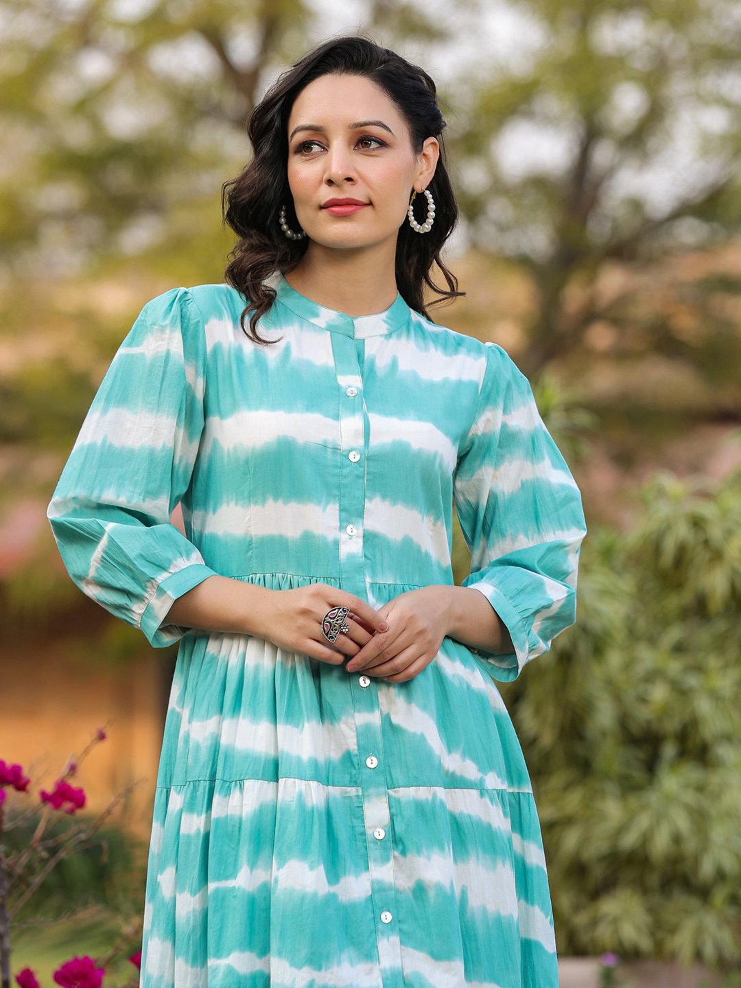 Rain and Rainbow Blue Cotton Tie & Dye A-Line Dress