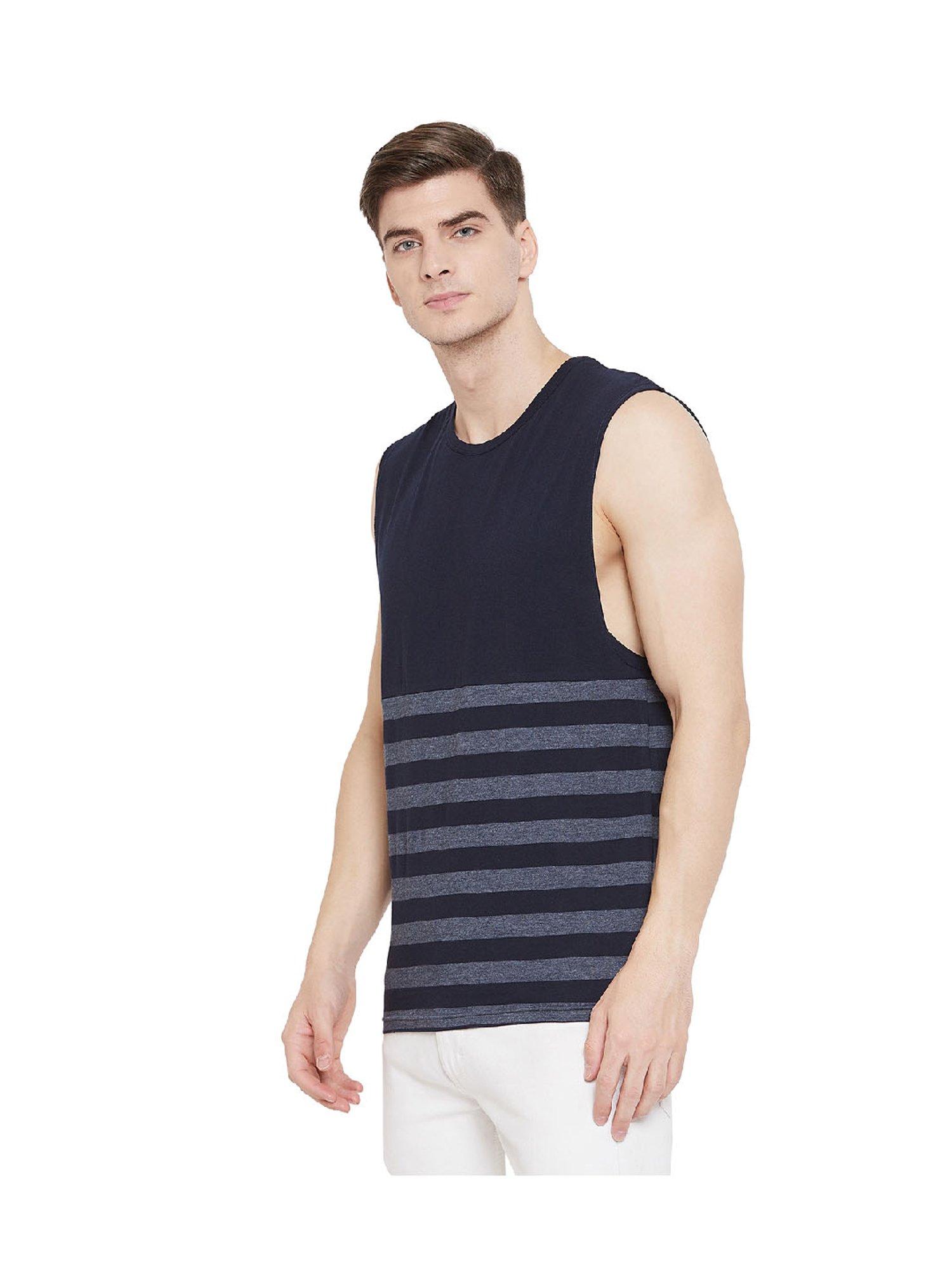 Hypernation Blue & Grey Stripes Cotton T-Shirt