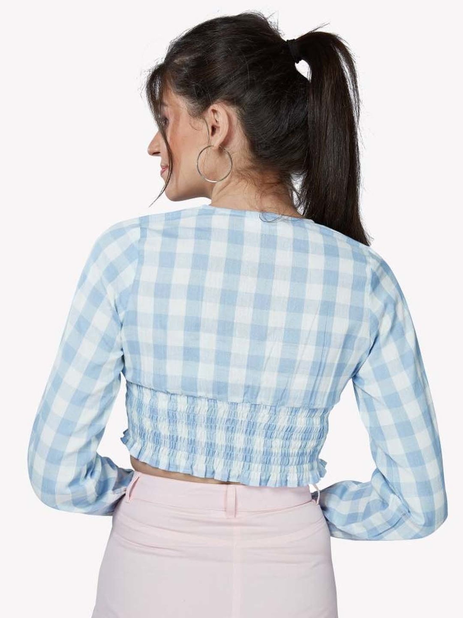 VASTRADO Blue Cotton Chequered Crop Top