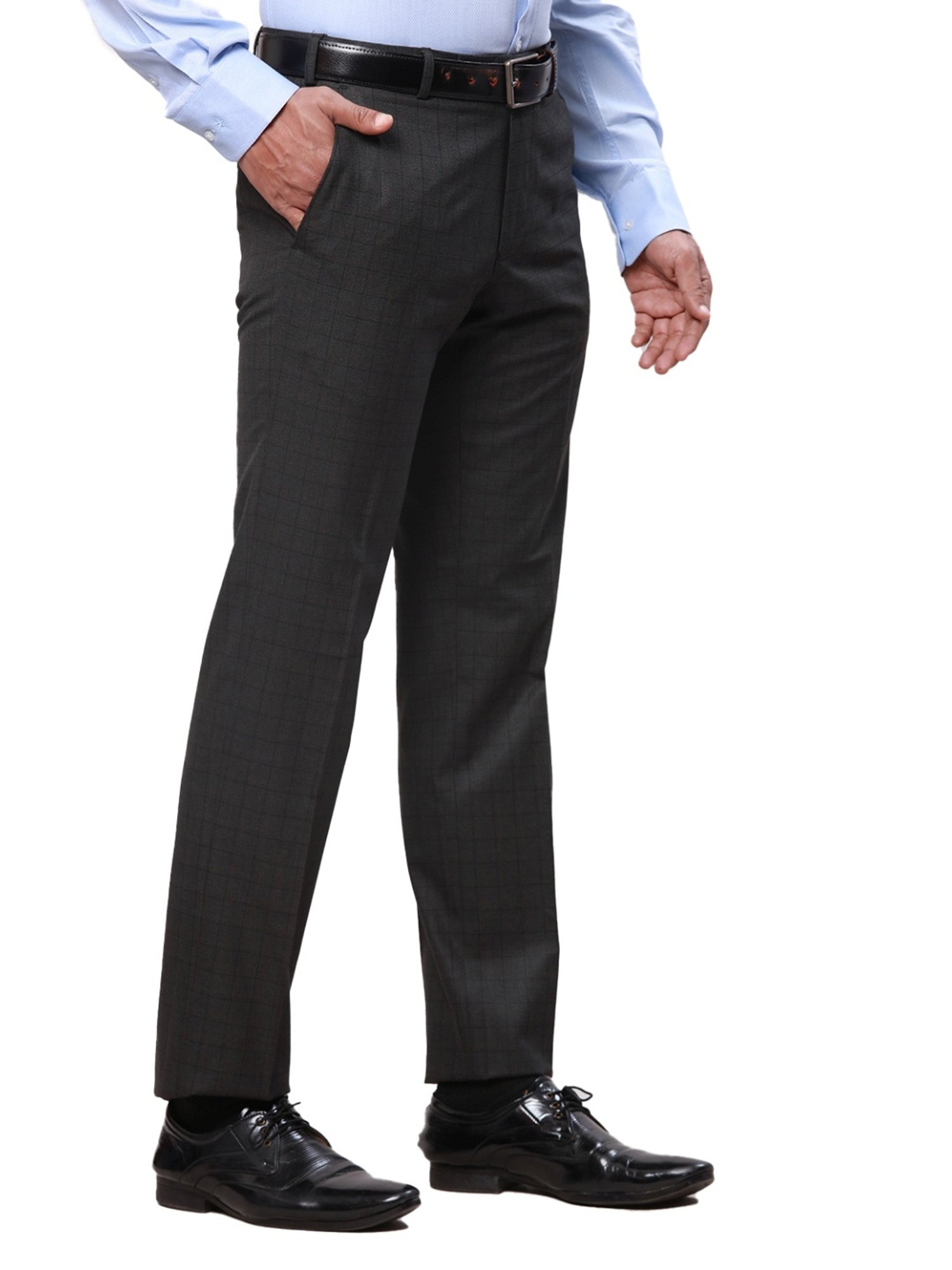 Park Avenue Grey Classic Fit Checks Trousers