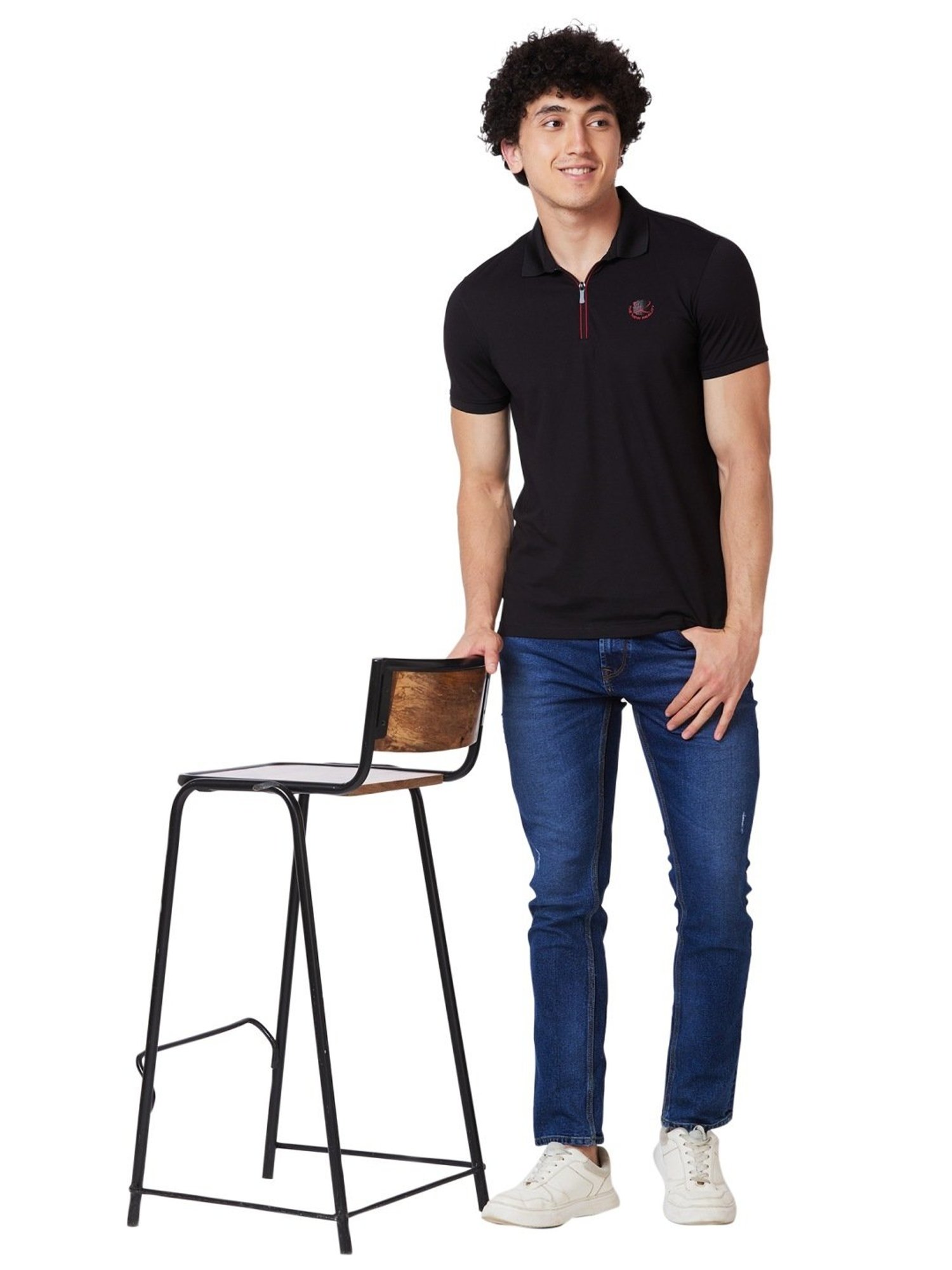 Spykar Black Slim Fit Polo T-Shirt