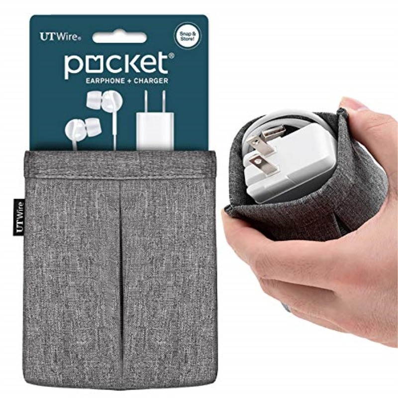 pocket for earphone and charger snap & store padded accessory travel pouch in grey