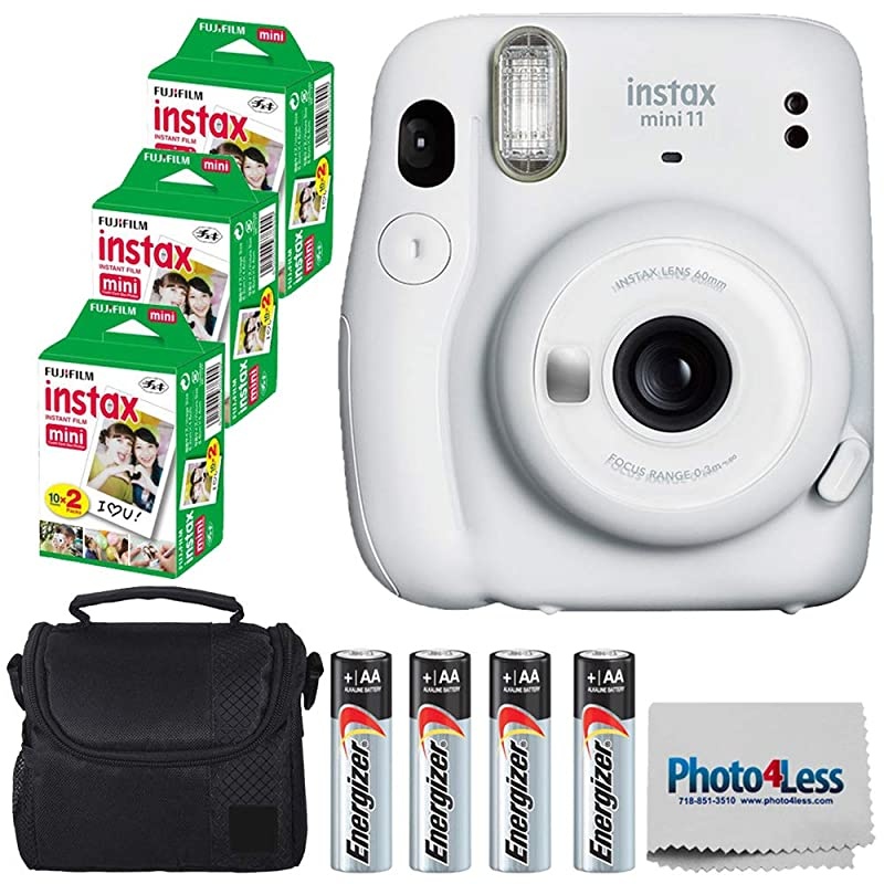 Instax Mini 11 Instant Camera - Ice White (16654798) +  Instax Mini Twin Pack Instant Film (60 Sheets) + Batteries + Case - Instant Camera Bundle
