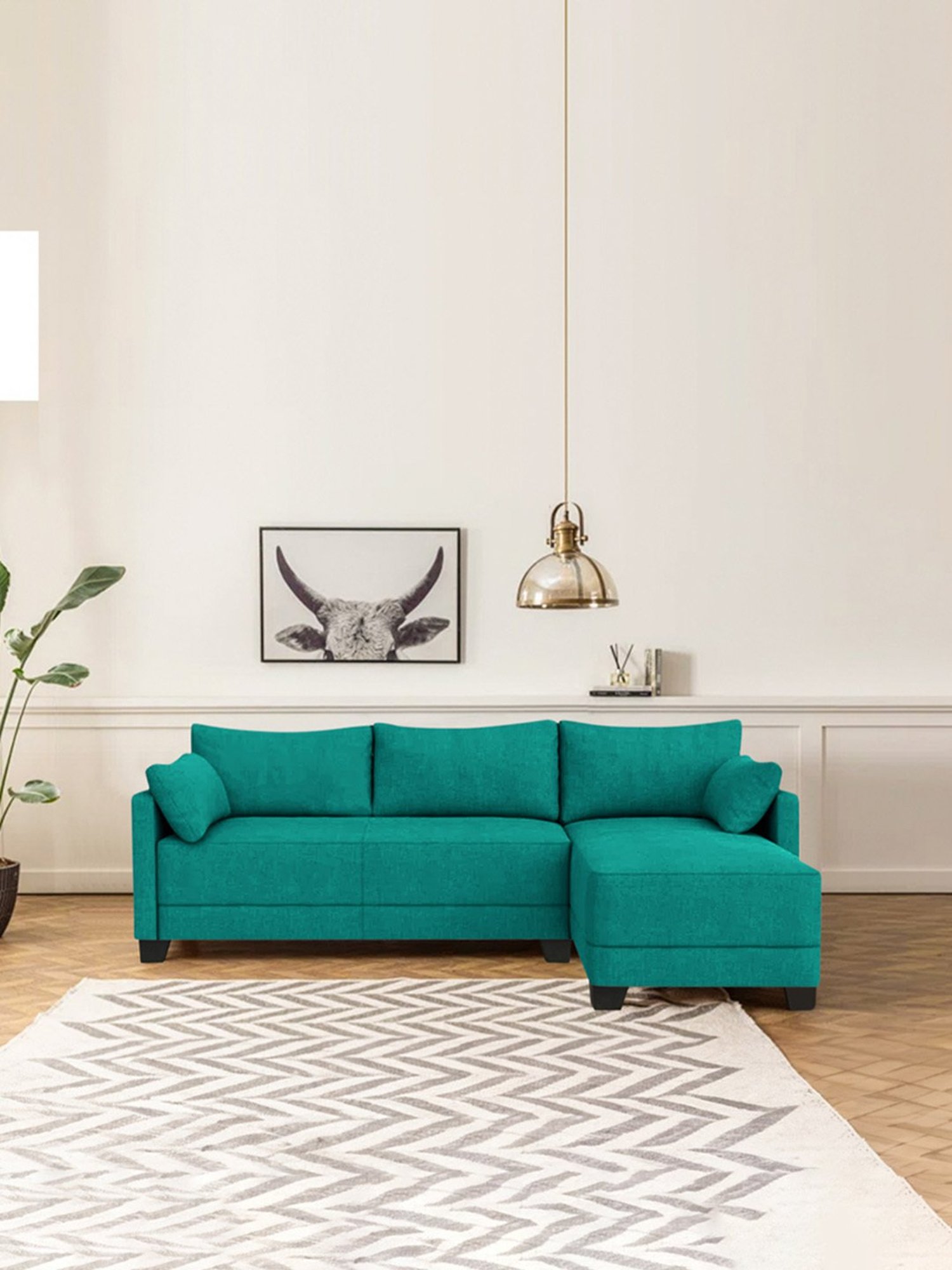 Trevi Duke Turquoise Green Fabric & Neem Wood 6 Seater RHS Sectional Sofa