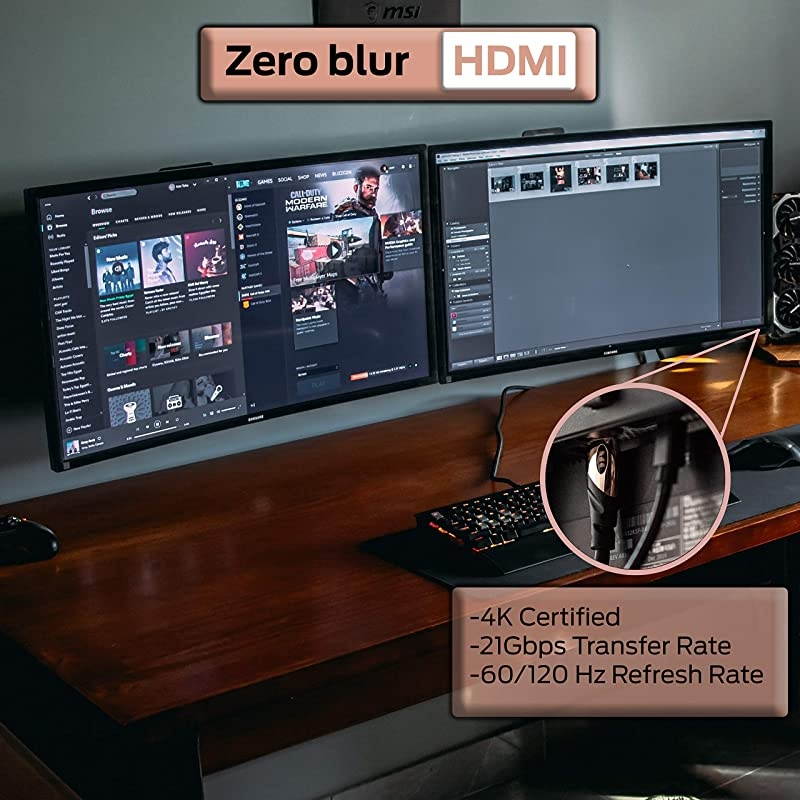 4ft HDMI Cable 4k Ultra HD with Ethernet Cord 60120 Hz Refresh Speed 21Gbps High Definition 1080p Video CorrosionResistant 24k Gold Contacts