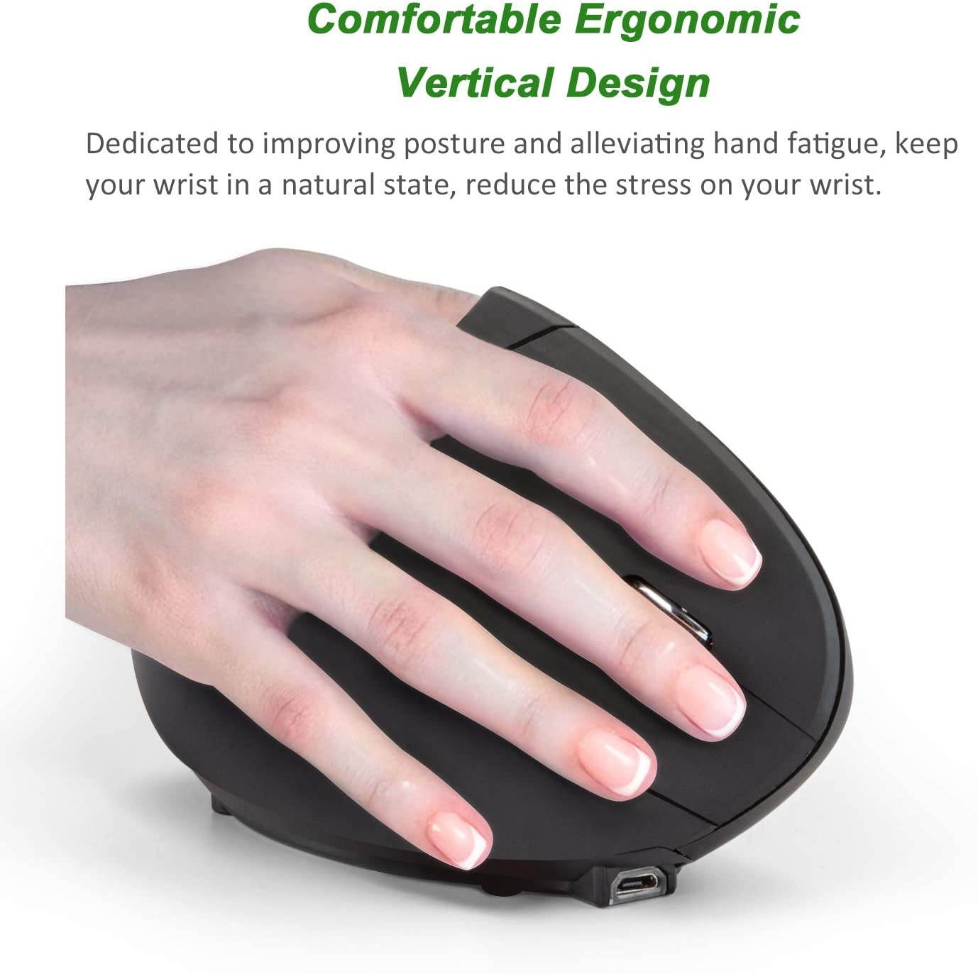 Rechargeable Ergonomic Wireless Mouse, 2.4G USB Optical Vertical Mouse with 3 Adjustable DPI 800/1200/1600 Levels 6 Buttons for Computer, Laptop, PC, MacBook- Black