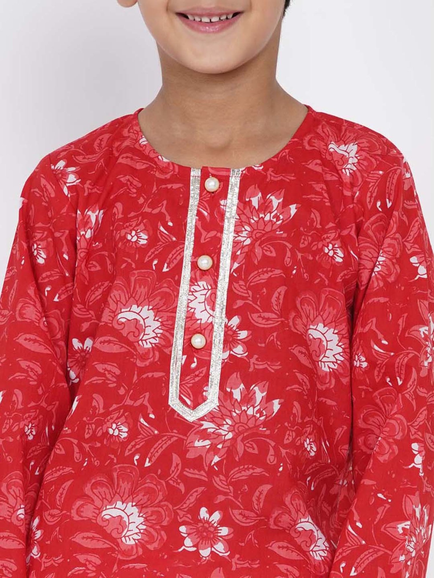 Little Bansi Kids Red & White Cotton Floral Print Kurta Set