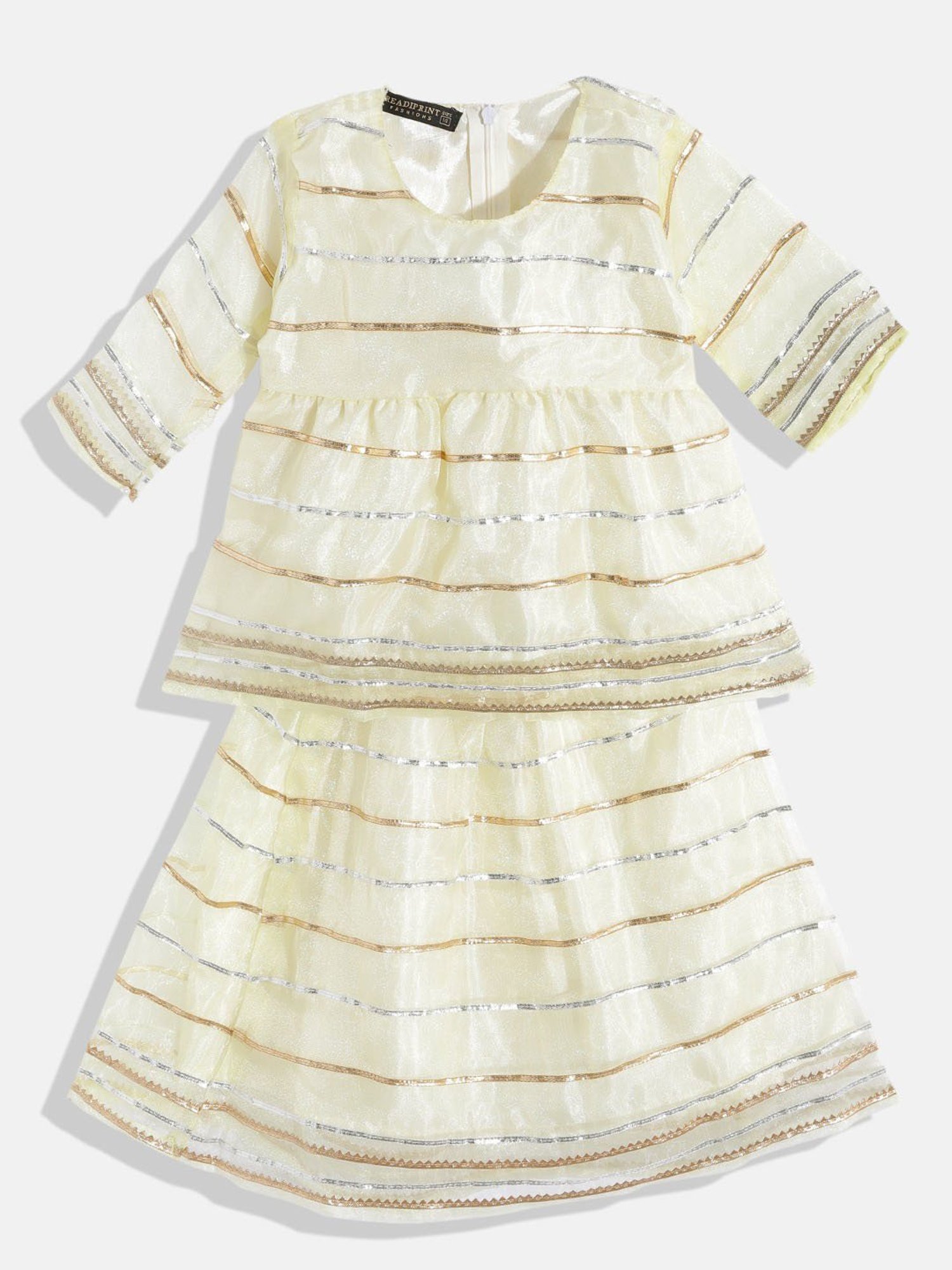 READIPRINT FASHIONS Kids Light Yellow Lace Full Sleeves Kurti With Skirt