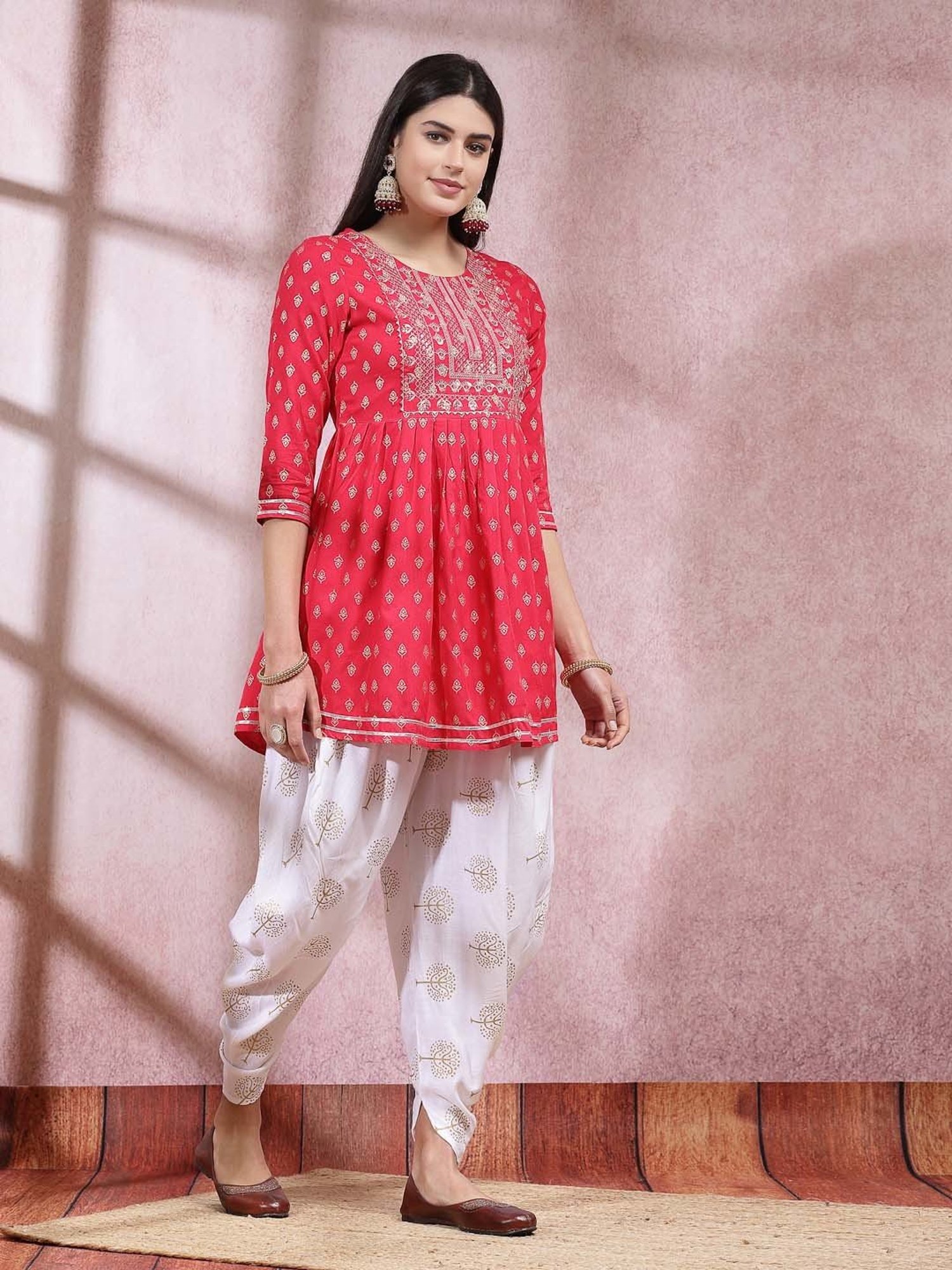 Stylum Pink & White Embroidered Kurti Dhoti Pant Set