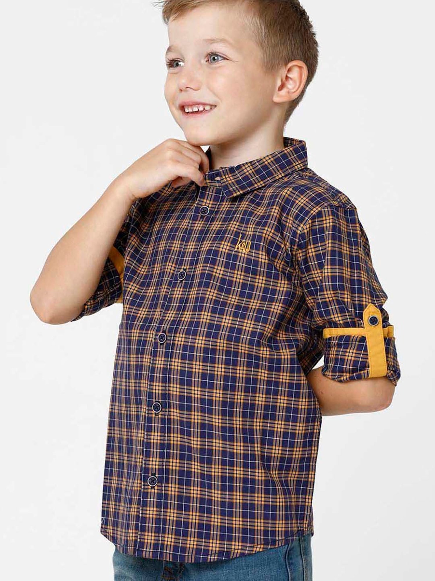Kate & Oscar Kids Navy & Yellow Cotton Chequered Full Sleeves Shirt
