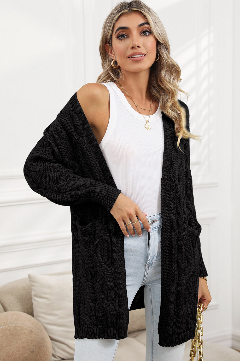 Black Ribbed Trim Hollow Knit Side Slits Cardigan