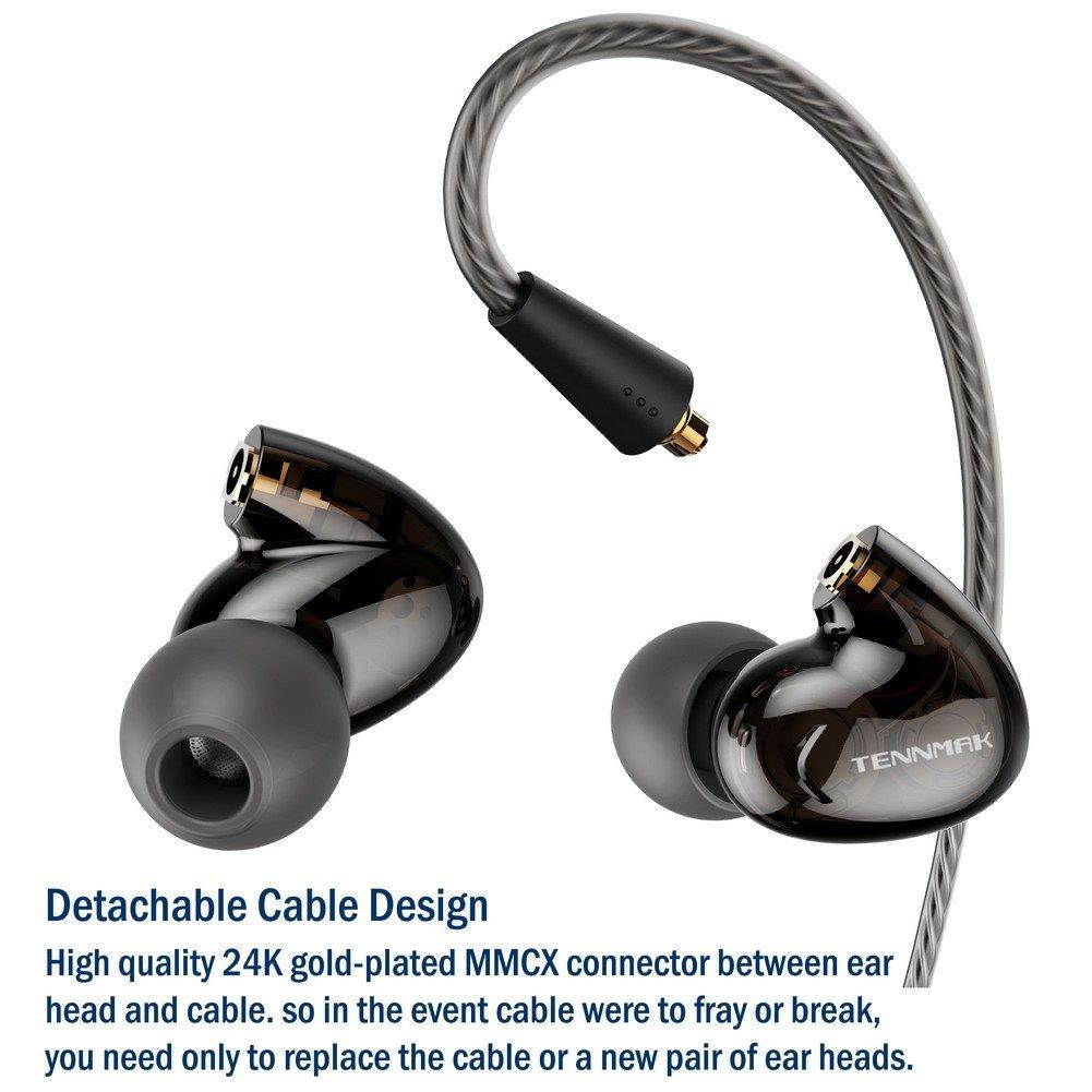 Tennmak Pro Dual Dynamic Driver Detachable Sport Earhook Detachable in Ear Earphones, MMCX Earphone with 4 Drivers (Black NO MIC)