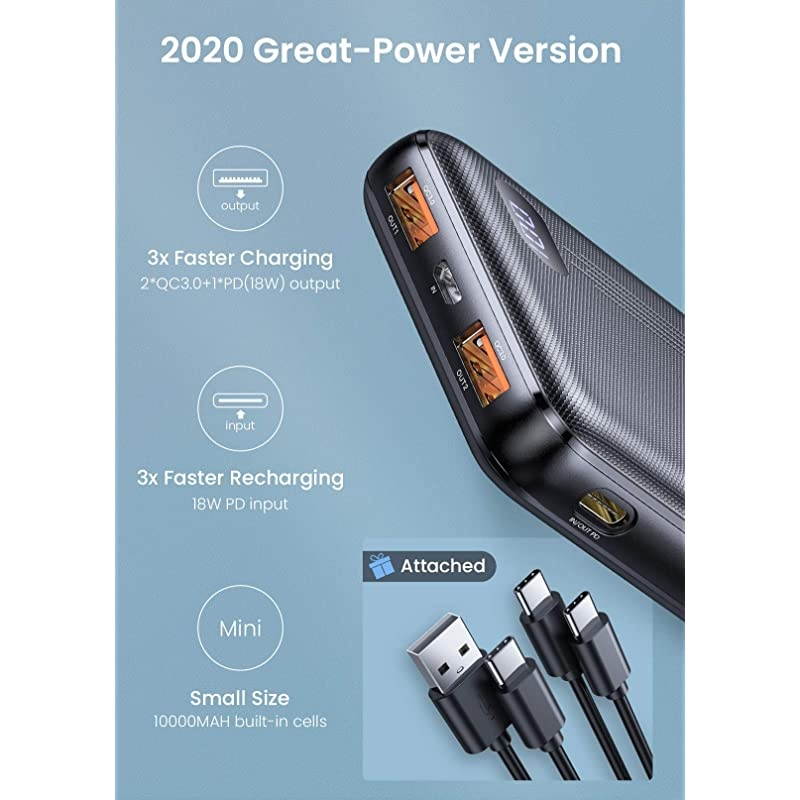 Portable Charger One of The Smallest 10000mAh 3A PD 30 Power Bank QC 30  18W Fast Charge Phone Battery Pack TriOutputLED Display Phone Charger Compatible iPhone 12 iPad Samsung Galaxy
