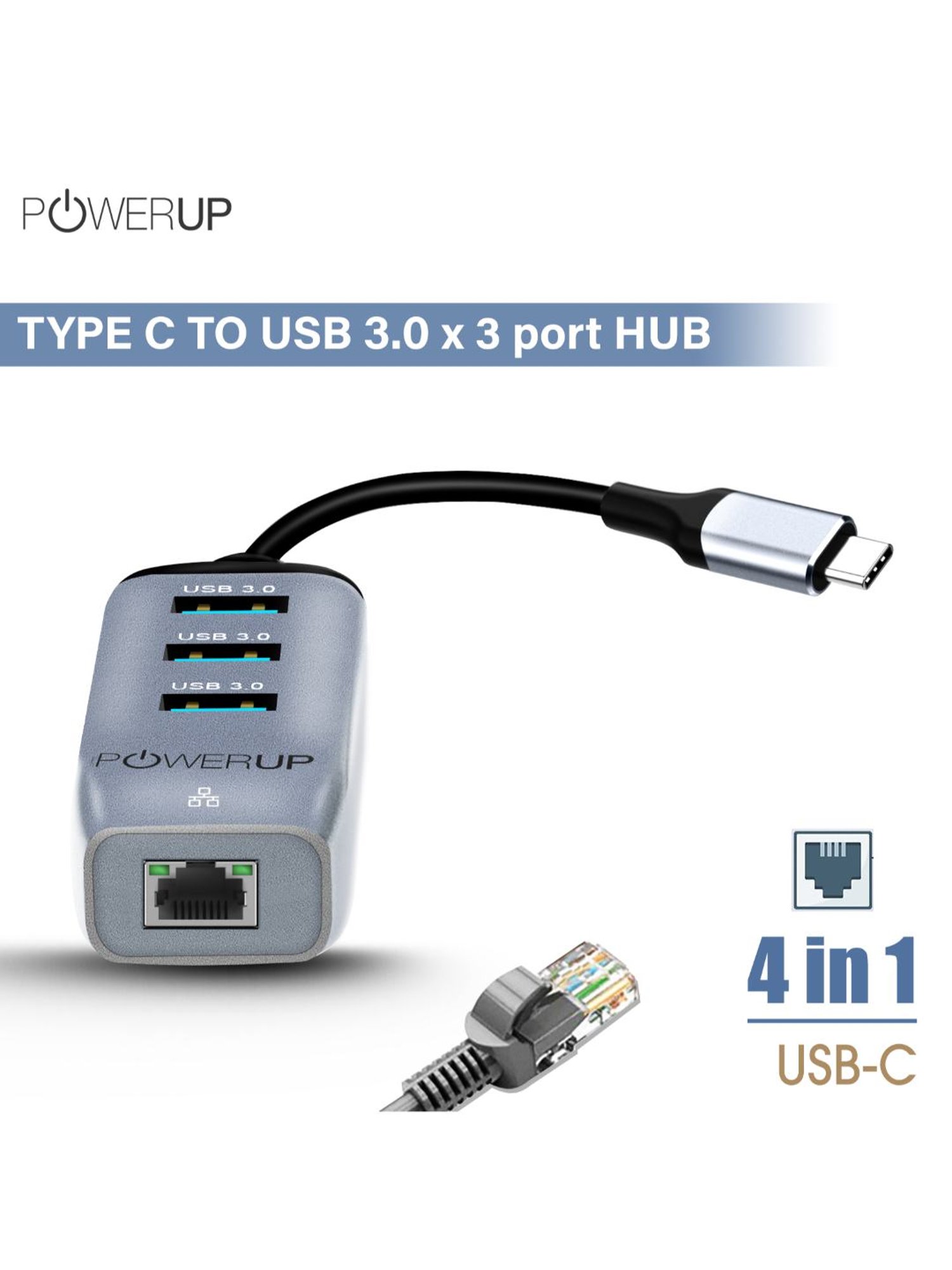 Powerup Mini Splitter USB C HUB 4 in 1 (3 USB C to Ethernet Adapter) (Gunmetal)
