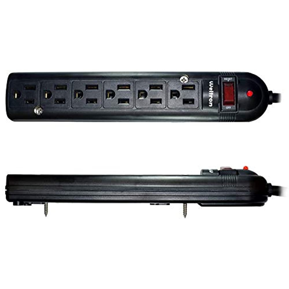 THIS 6 OUTLET PLASTIC POWER STRIP HAS 750 JOULES, EMI/RFI FILTER AND A 25FT POWE