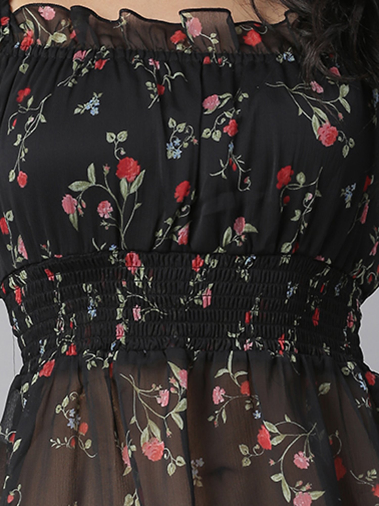 KASSUALLY Black Floral Print Peplum Top