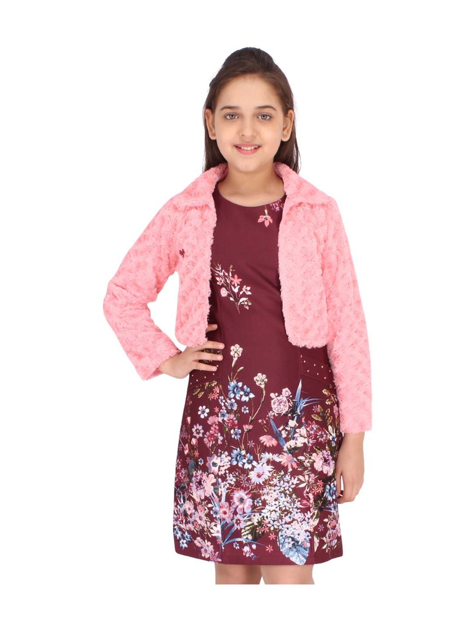 Cutecumber Kids Plum Printed Dress & Shrug