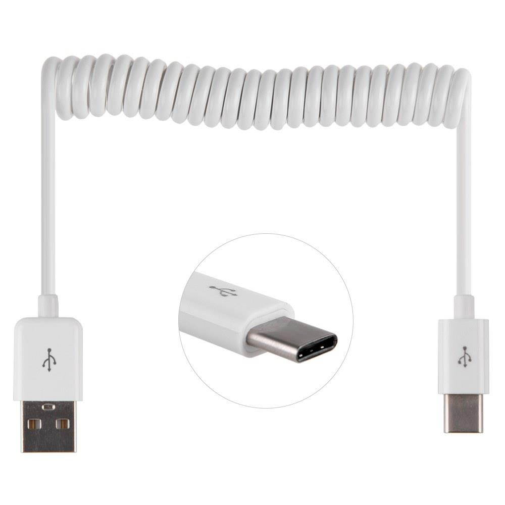 USB 2.0 Type-A Male to USB Type-C USB-C Male Stretch Spring Coiled Cord Data & Power Charge Cable for Phone Tablet White 1m