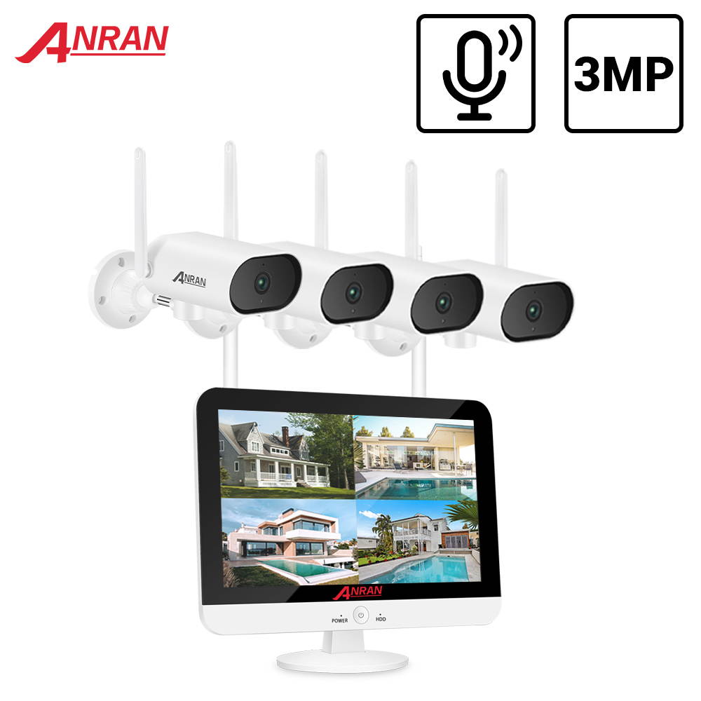[8CH Expandable] ANRAN Wireless Security Camera System with 13" LCD Monitor, 2TB Hard Drive Preinstalled, 8Channel NVR 4Pcs 3MP WiFi Surveillance Cameras IP66 Waterproof