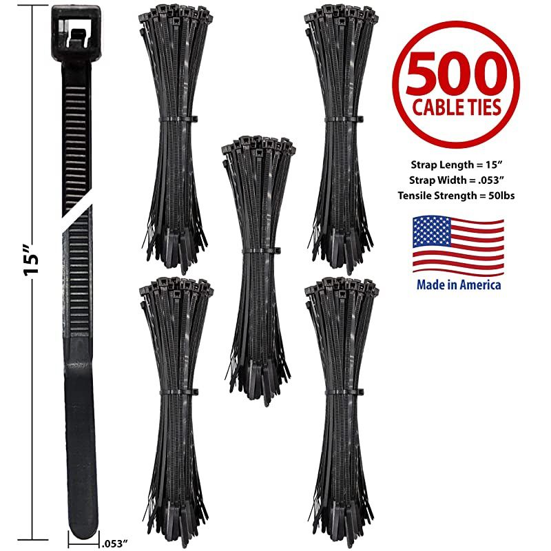 15&rdquo; Zip Ties &ndash; 500 Pieces, Black &ndash; Made in America &ndash; Weather, UV & Impact Resistant Plastic Cable Ties for Binding Bundling & Organizing Wire Cable & More &ndash; Indoor & Outdoor (15", 500ct)