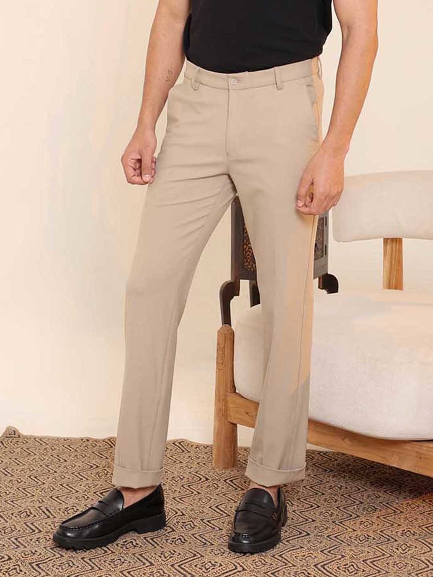 SUBTRACT Beige Slim Fit Flat Front Trousers