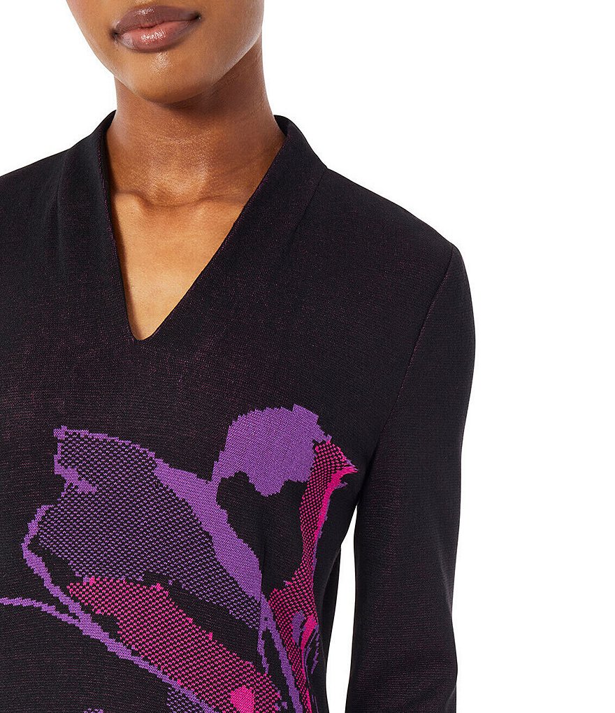 Ming Wang Bold Floral Jacquard Knit V-Neck 3/4 Sleeve Dress