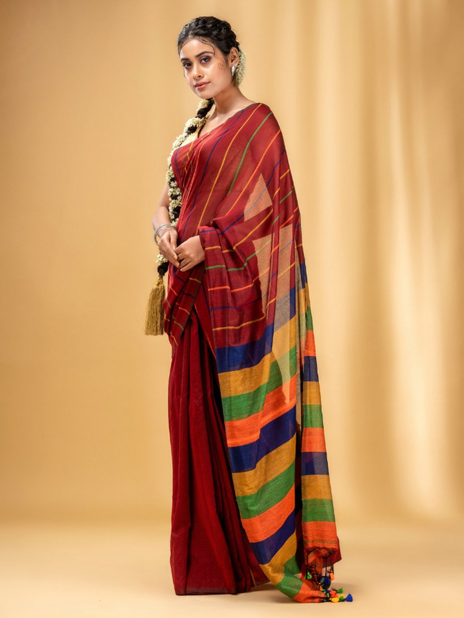 CHARUKRITI Brick Red Cotton Striped Saree With Unstitched Blouse