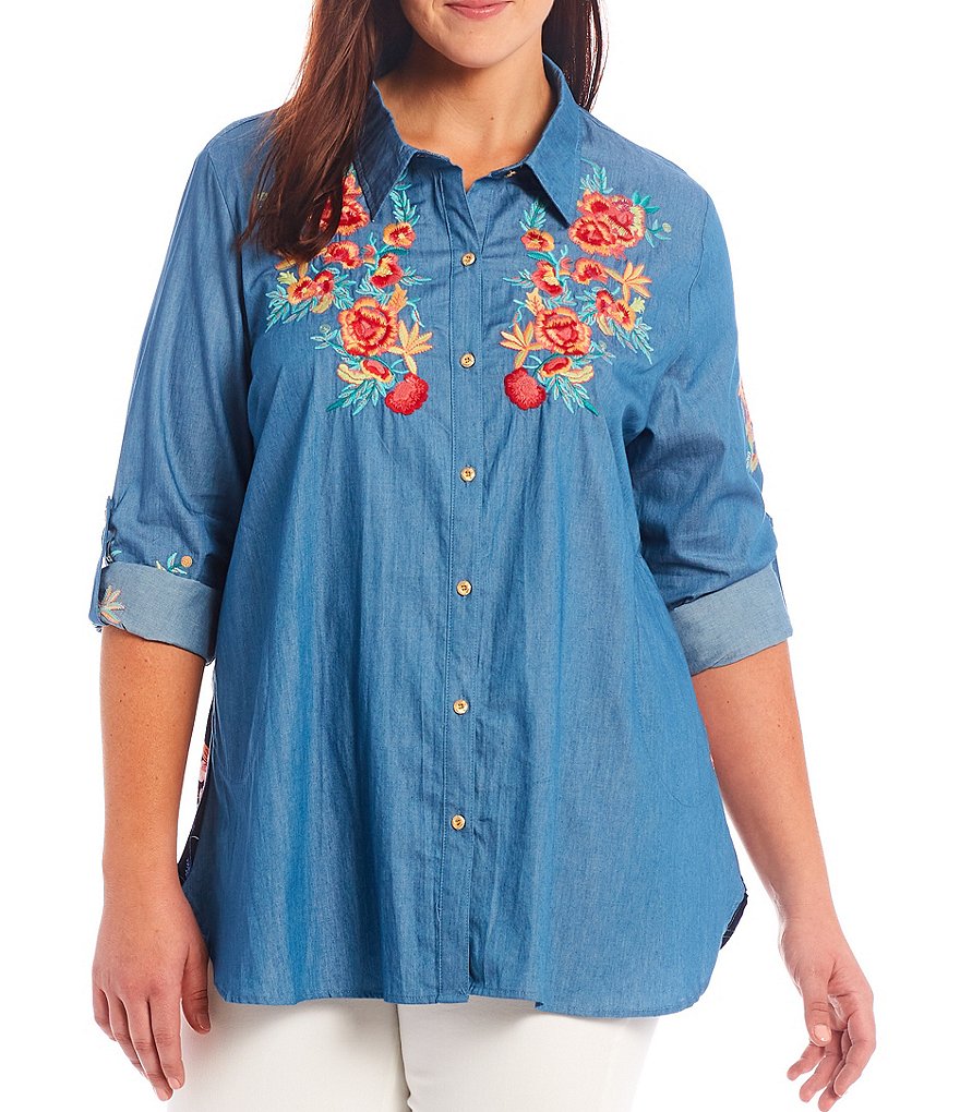 Calessa Plus Size Floral Print Back Embroidered Front Poplin Point Collar Neck 3/4 Sleeve Tunic Shirt