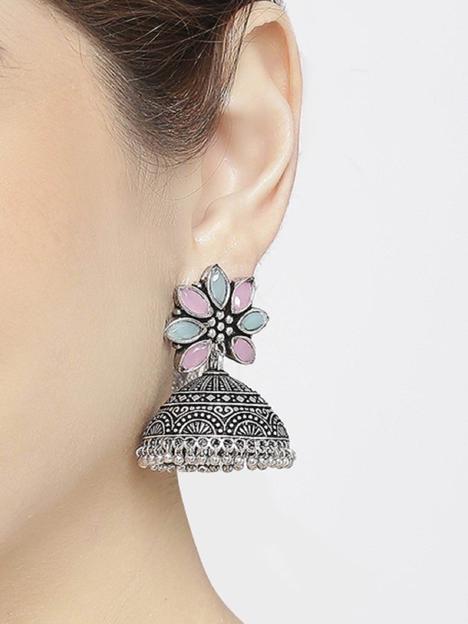 OOMPH Jewellery Oxidized Silver Look Alike Green & Pink Stone Floral Ethnic Jhumki