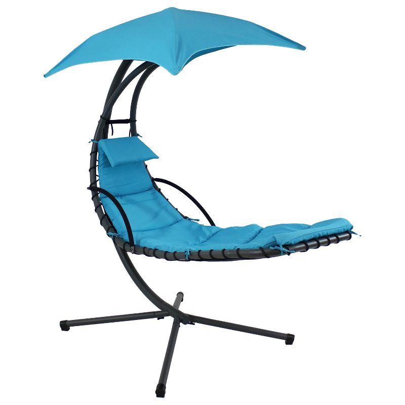 Sunnydaze Outdoor Hanging Chaise Floating Lounge Chair with Canopy Umbrella and Stand, Teal