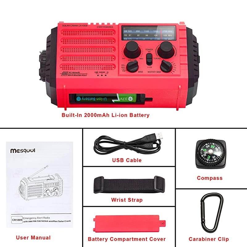 Hand Crank Portable NOAA Weather Alert Radio5Way Powered AMFMSW Emergency Radio for HouseholdOutdoor2500mAh Battery Power Bank USB ChargerLED FlashlightCamping LanternSOS AlarmCompass