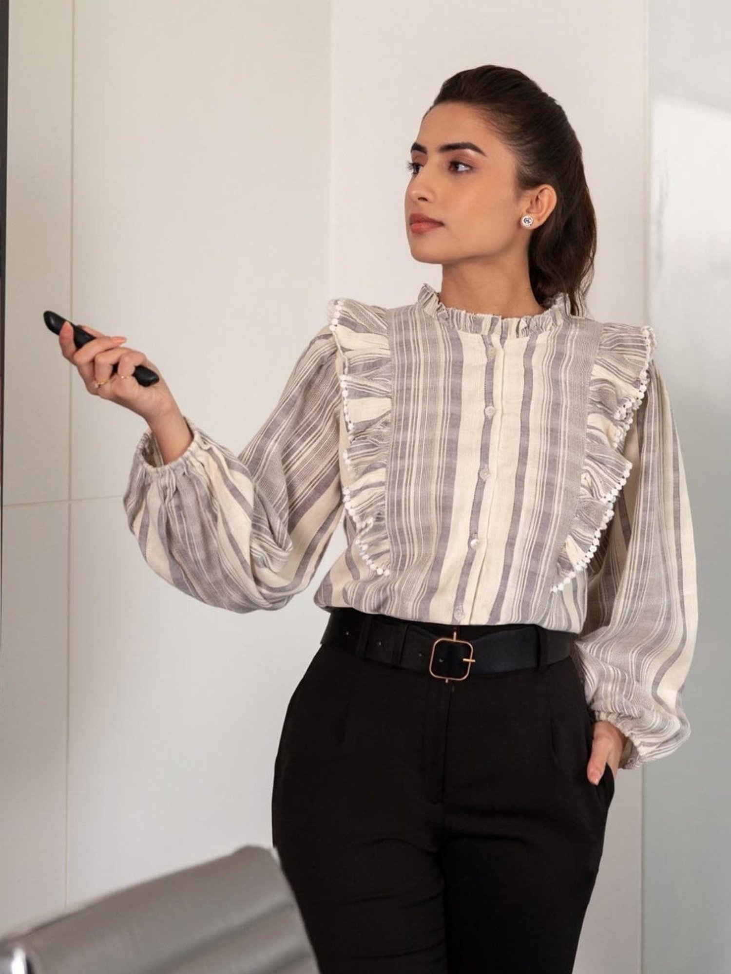 BInfinite Grey Cosmo Striped Ruffled Shirt