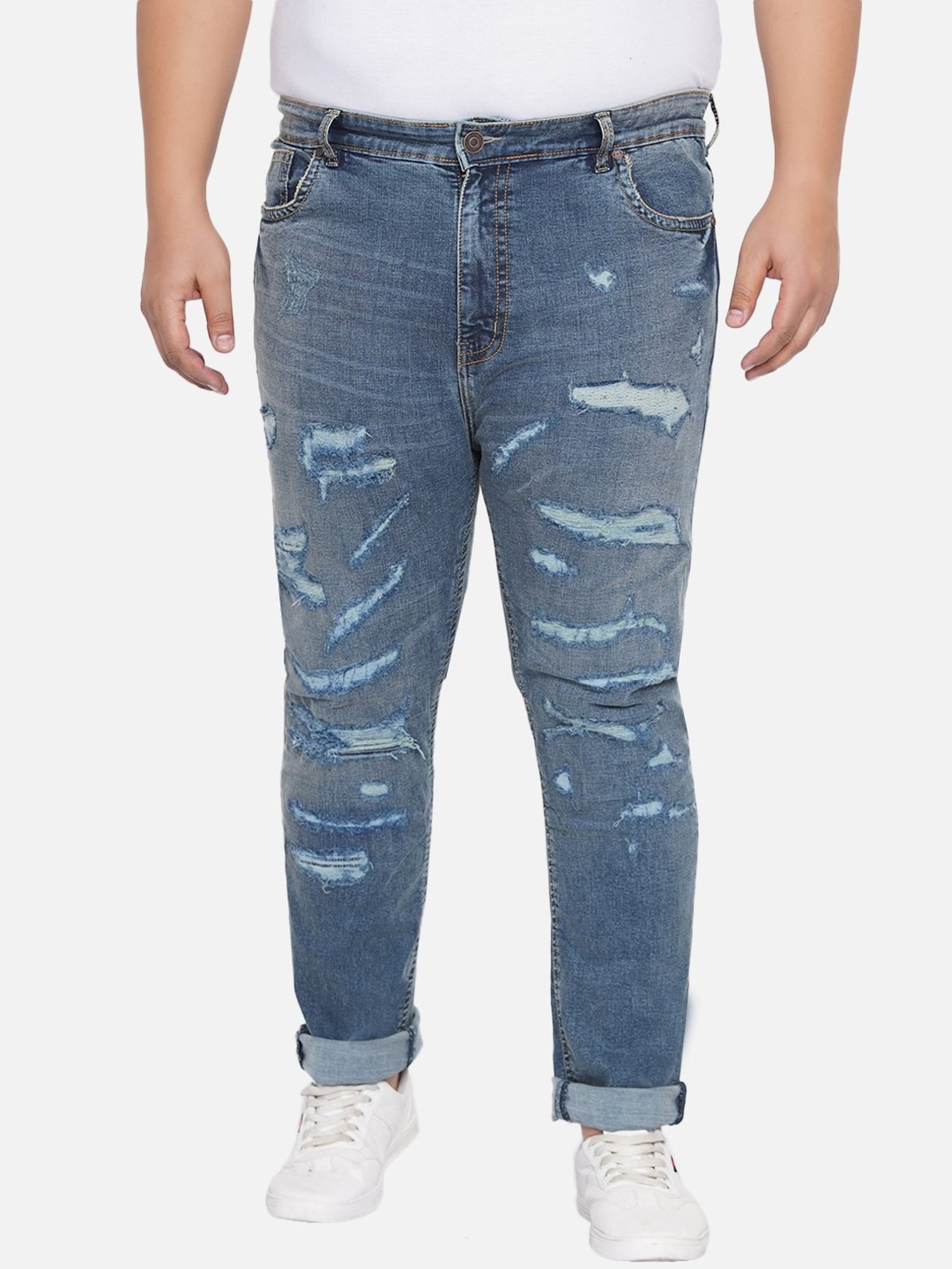 John Pride Blue Cotton Plus Size Distressed Jeans