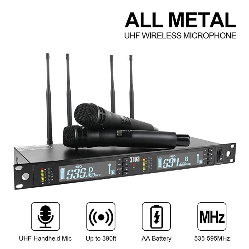 UT-120 True Diversity Long Range 2x100-Channel Professional UHF Wireless Microphone System with 2 Handheld Mics,All Metal,Selectable Frequency,Up to 390Ft,for Party,Karaoke,Stage