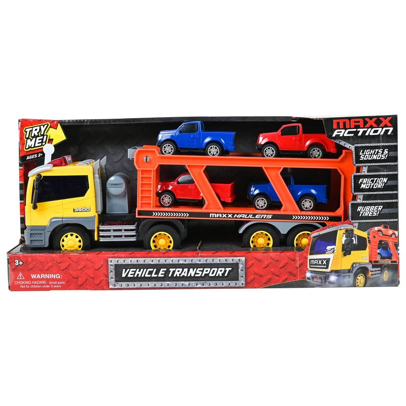 Maxx Action Lights & Sounds Construction Excavator Semi Truck and Trailer Transport