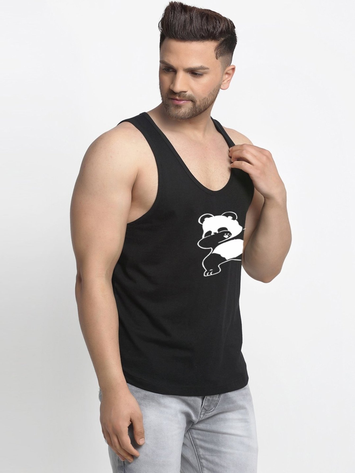 Friskers Black Cotton Slim Fit Printed Gym Vest