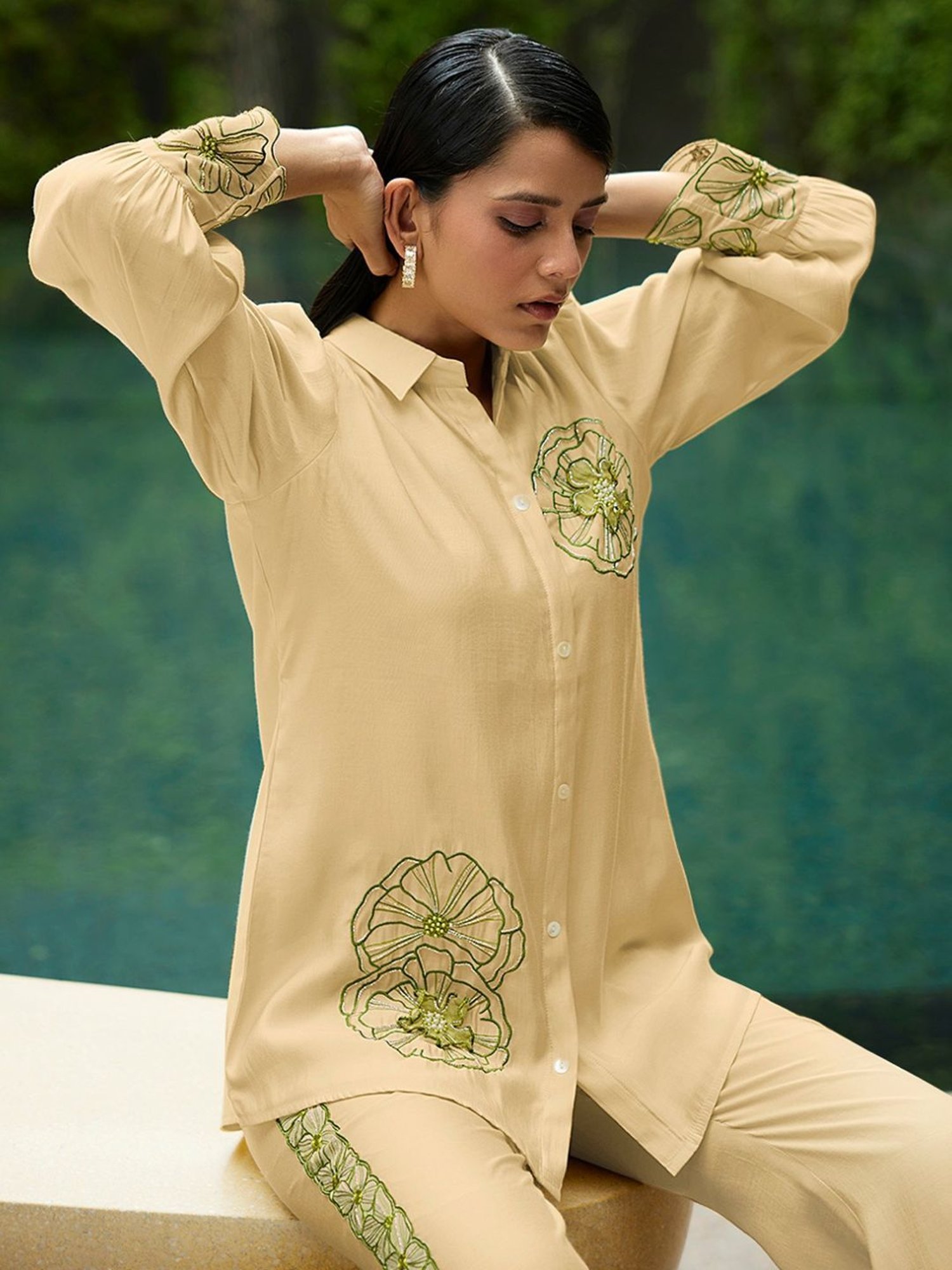 Kaftanize Kiaa Yellow Creme Applique and Embroidered Shirt with Pant
