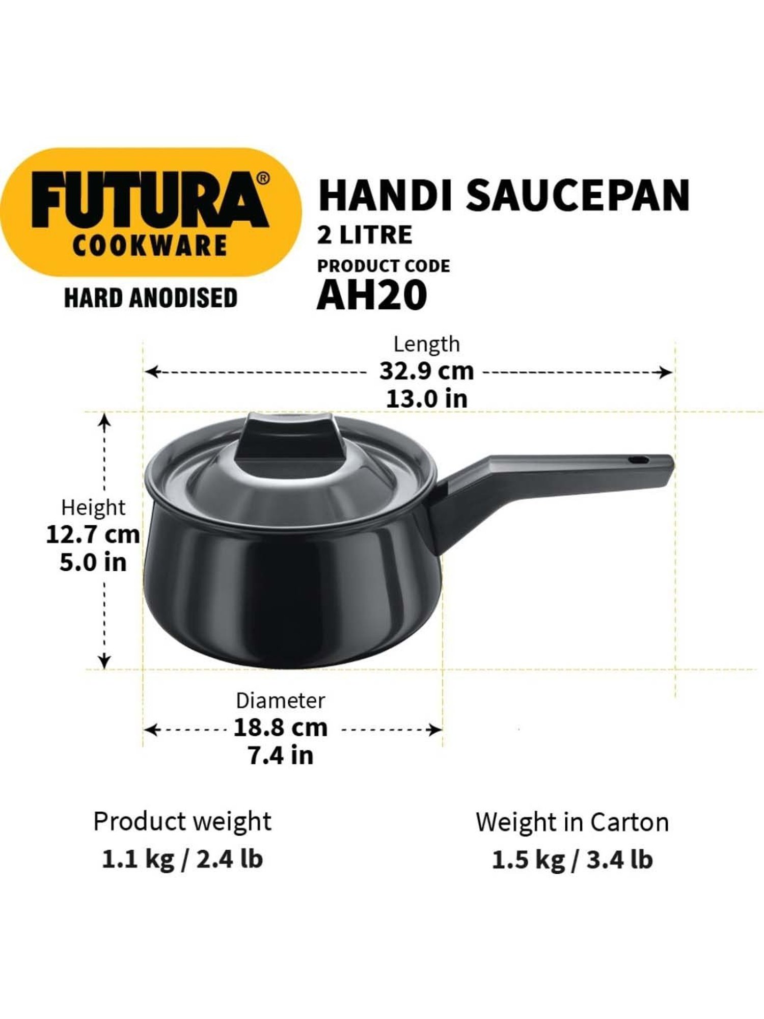 Hawkins Black Hard Anodised 18.8 cm Non-Toxic Handi Saucepan (2 L) - Set of 1