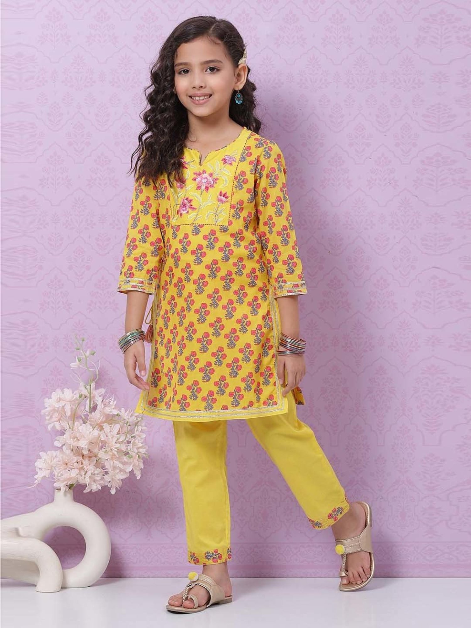 Biba Kids Yellow & Pink Cotton Floral Print Kurta Set