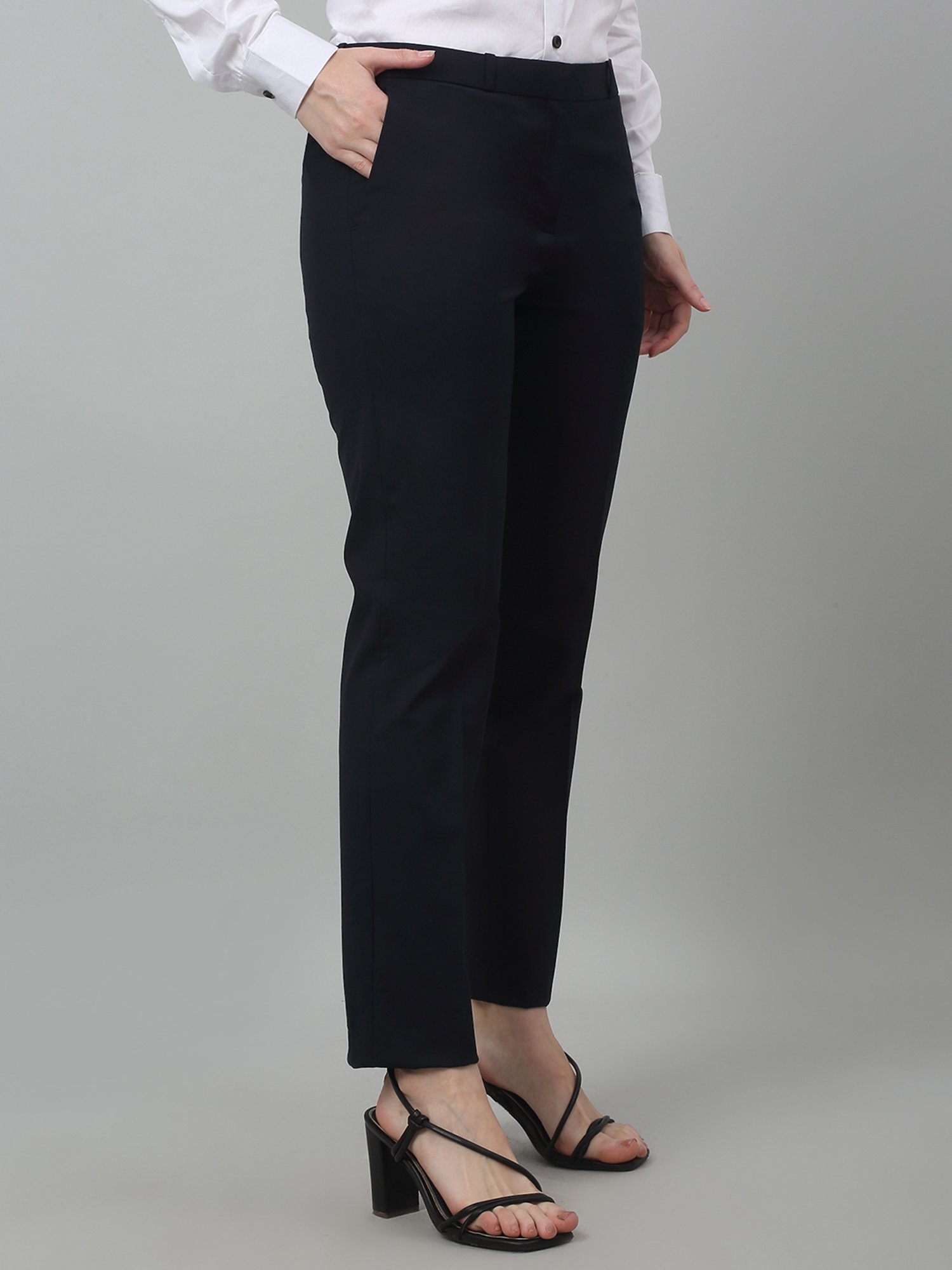 Cantabil Navy Cotton Lycra Regular Fit Mid Rise Trousers