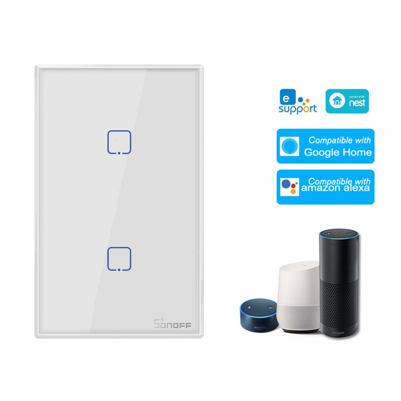SONOFF T0US2C-TX 2 Gang Smart WiFi Wall Light Switch APP/Touch Control Timer US Standard Panel Smart Switch Compatible with Google Home/Nest & Alexa