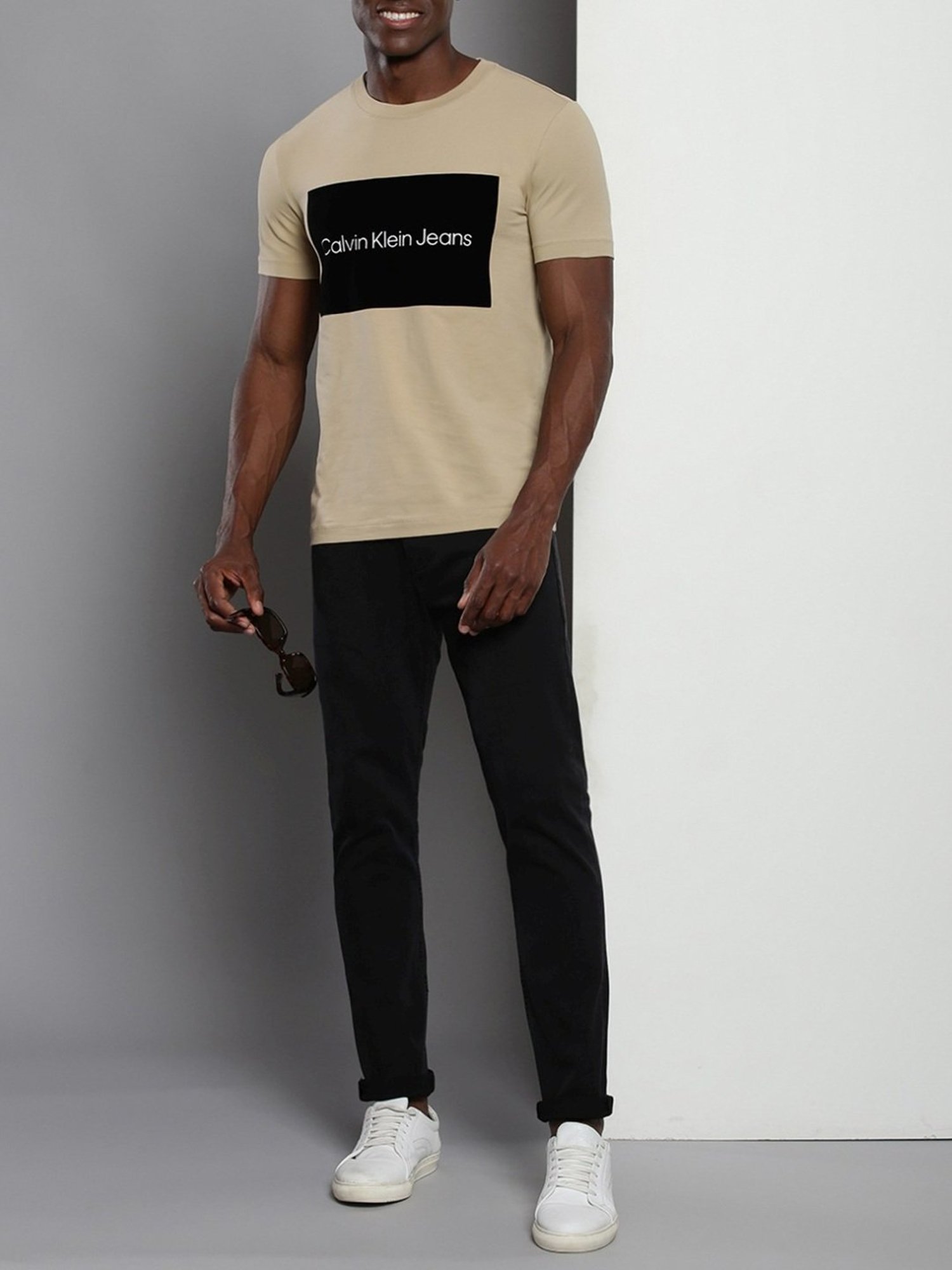 Calvin Klein Travertine Cotton Slim Fit Colour Block T-Shirt