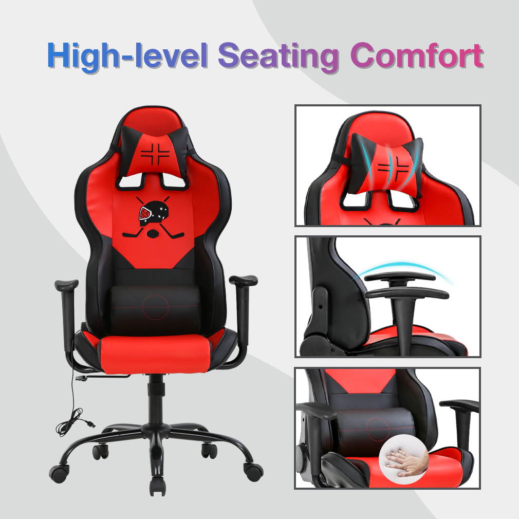 Gaming Chair Massage Office Chair Ergonomic Desk Chair with Lumbar Support Headrest Armrest Task Rolling Swivel PC E-Sports Racing Chair PU Leather Adjustable Computer Chair for Men(Red)